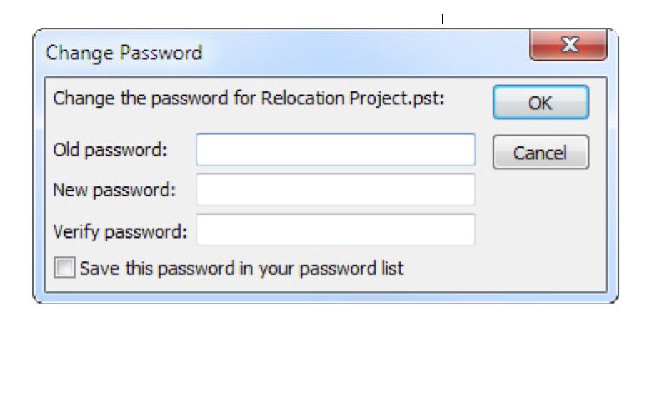 Dialogové okno Outlook změnit heslo PST