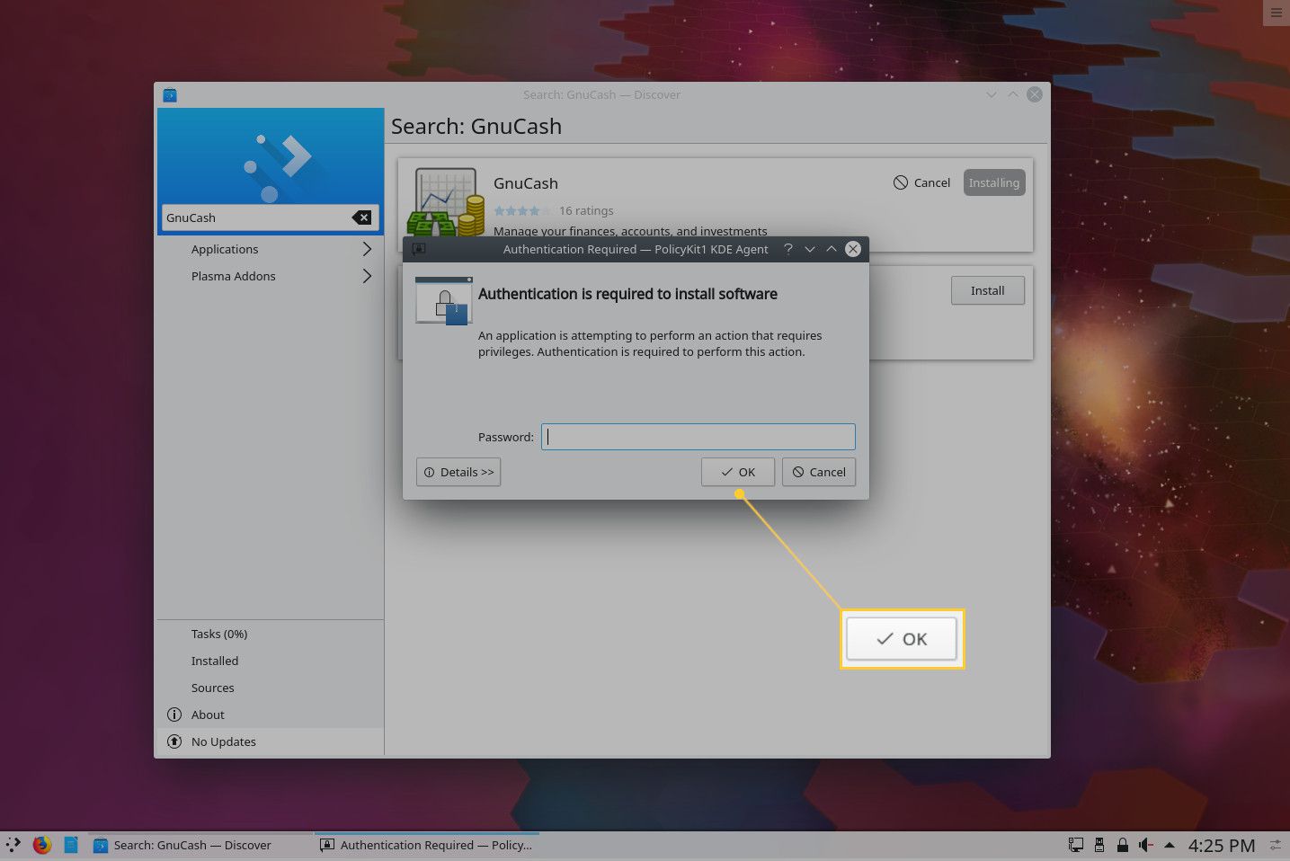 Okno ověřování KDE Discover.