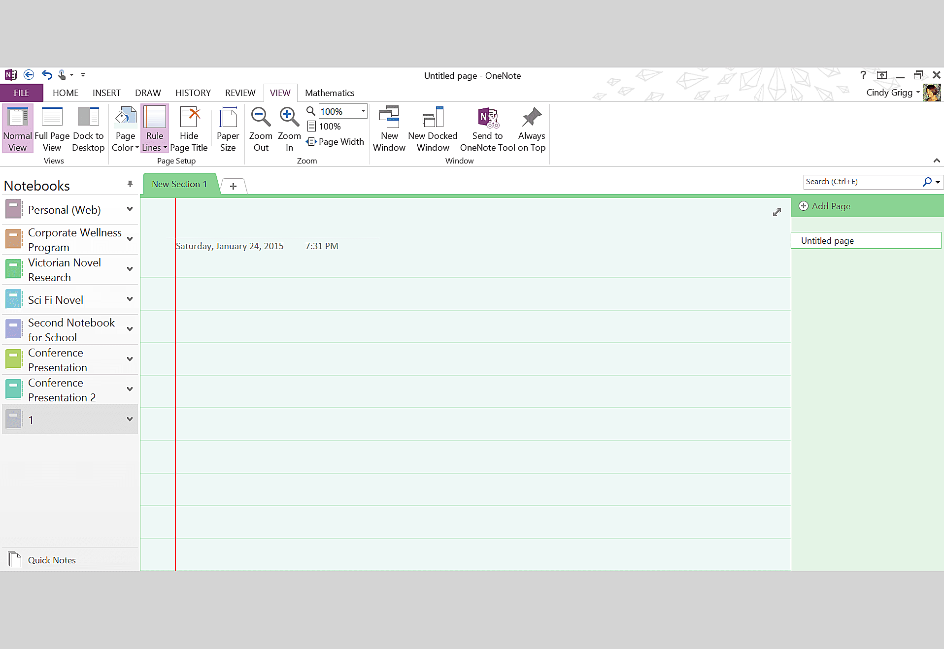 Předvolby stránky Zelený notebook pro Microsoft OneNote
