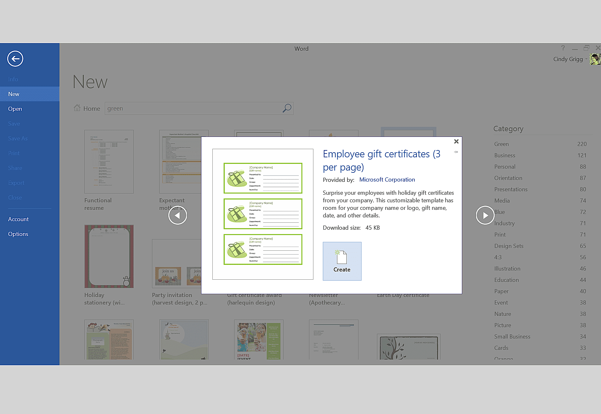 Zelená dárková poukázka nebo šablona kupónu a k vytištění pro Microsoft Word