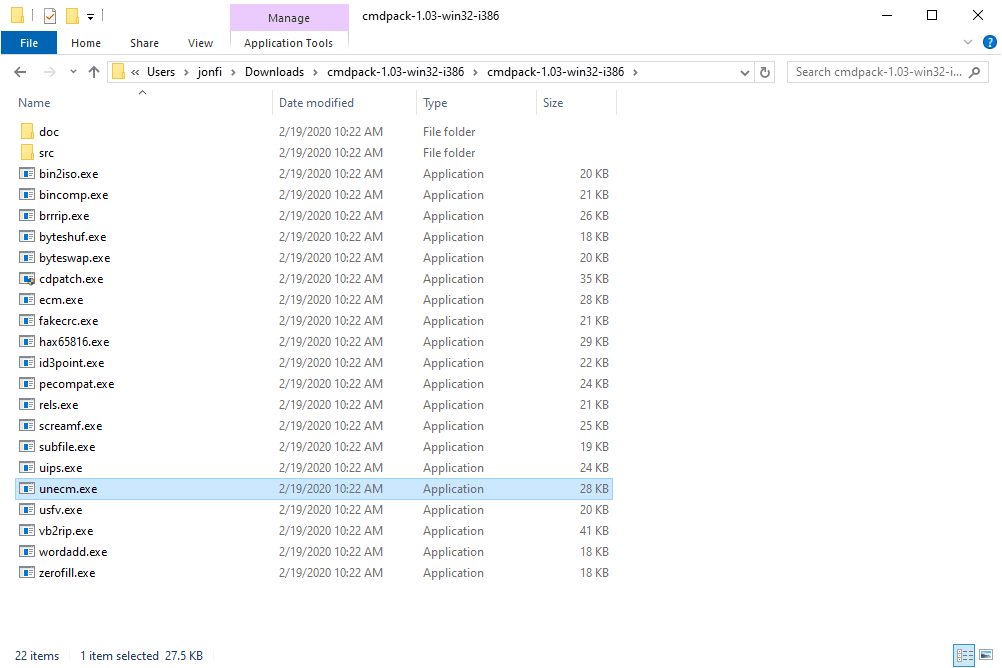 cmdpack extrahované soubory ve Windows 10