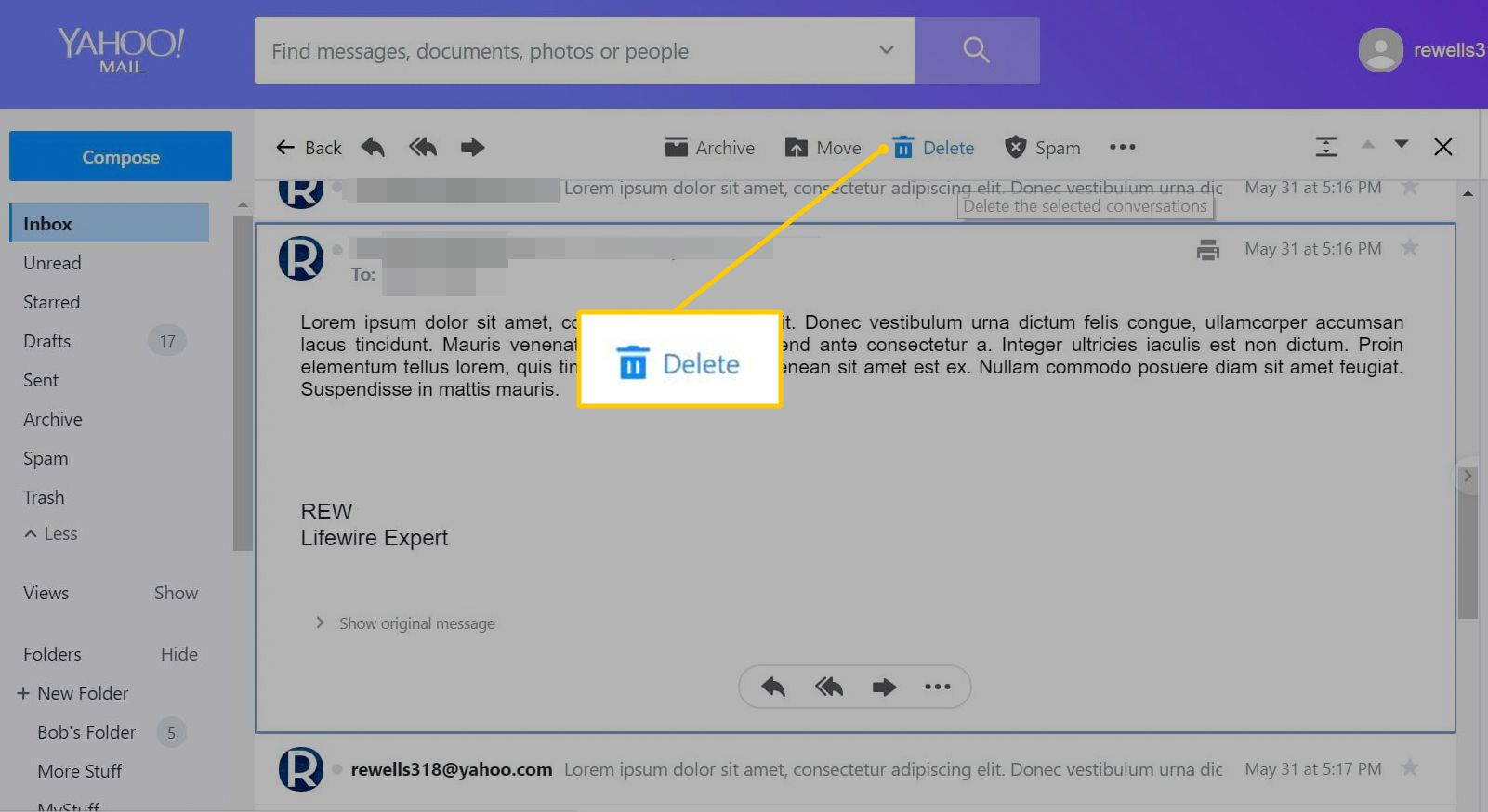 Tlačítko Odstranit na panelu nástrojů Yahoo Mail