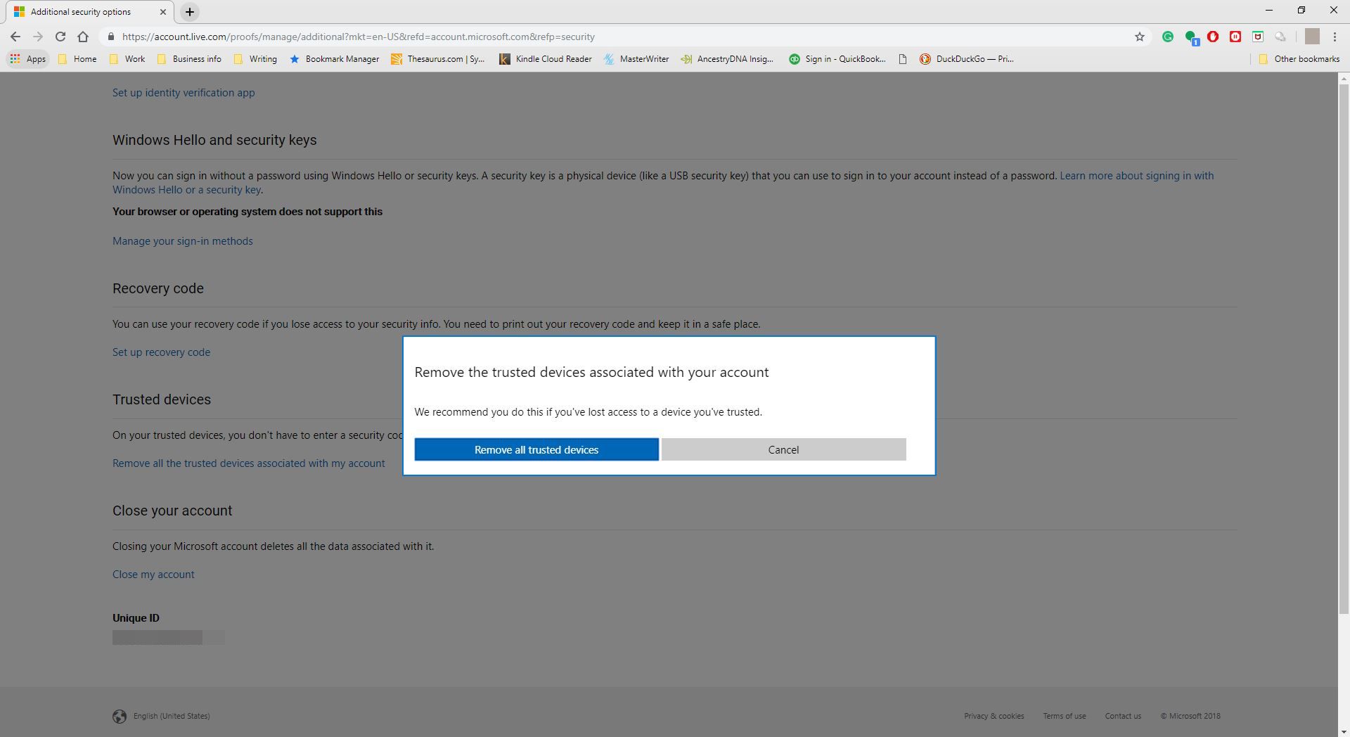 Potvrzení odebrání důvěryhodného zařízení pro Outlook.com.