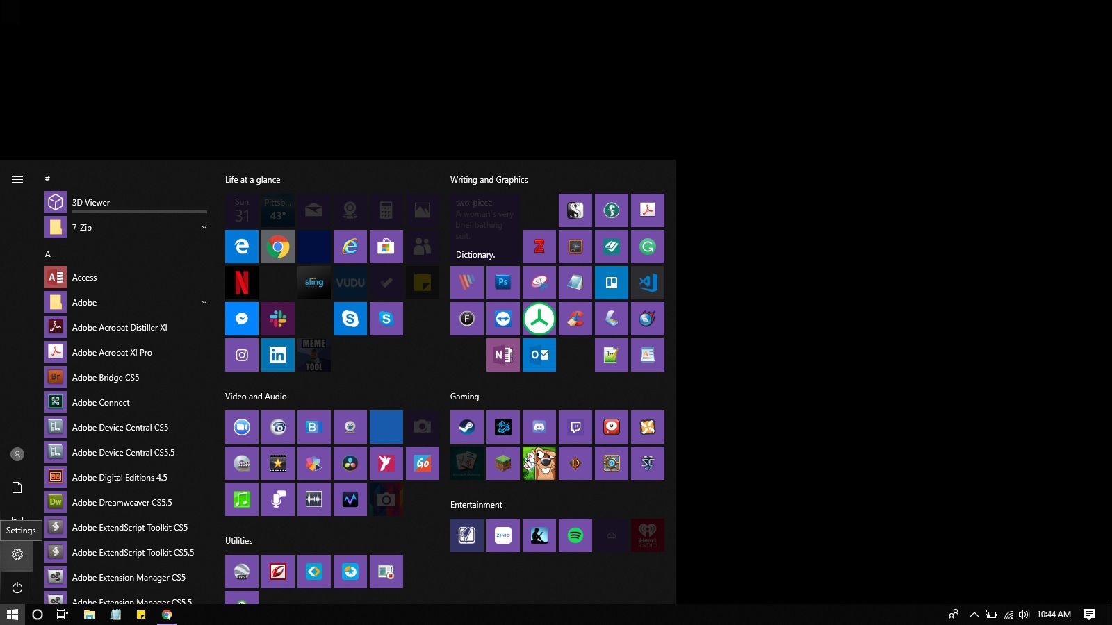 Výběr nastavení v systému Windows 10.