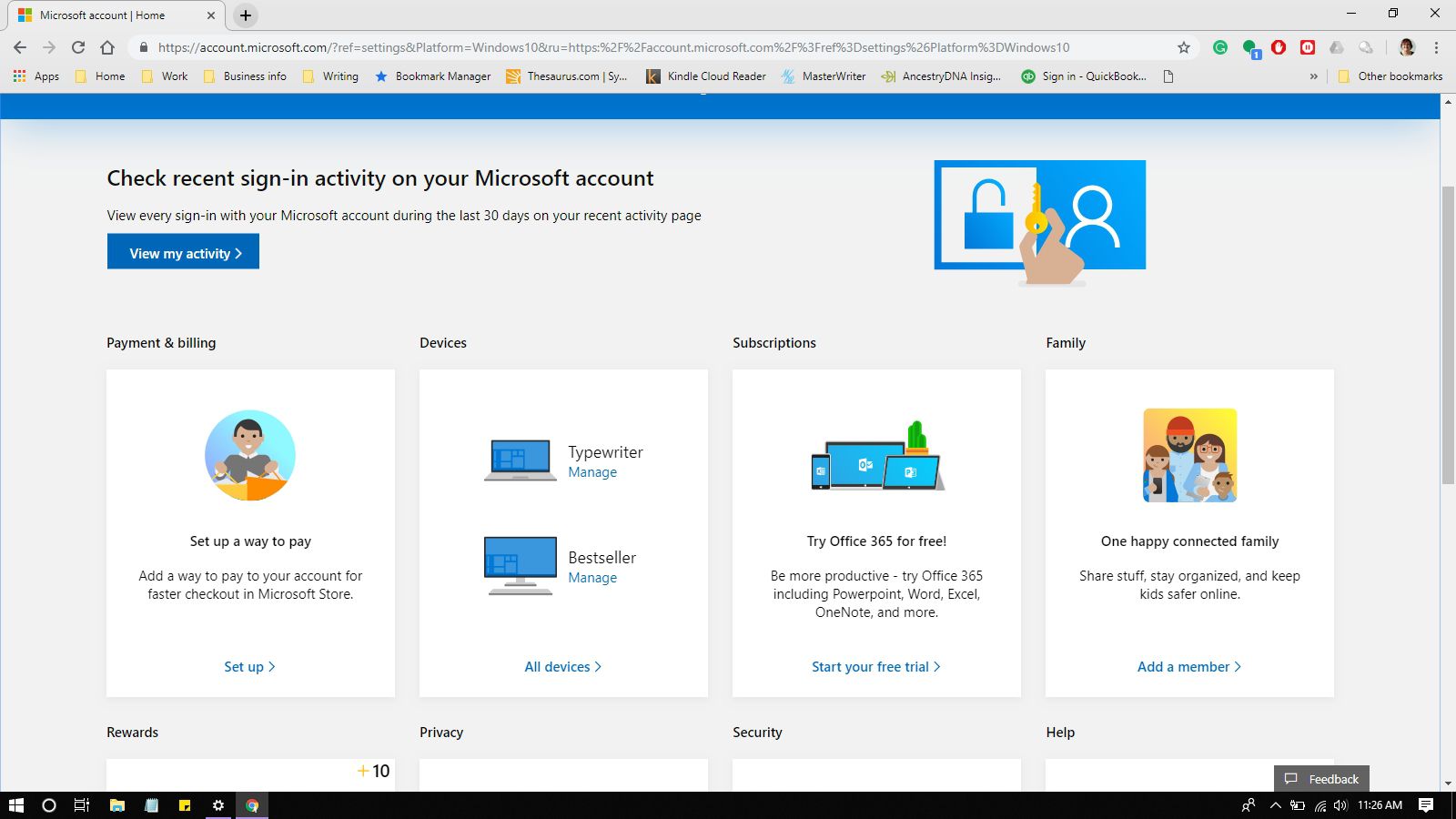 Zobrazuje se hlavní panel účtu Microsoft.