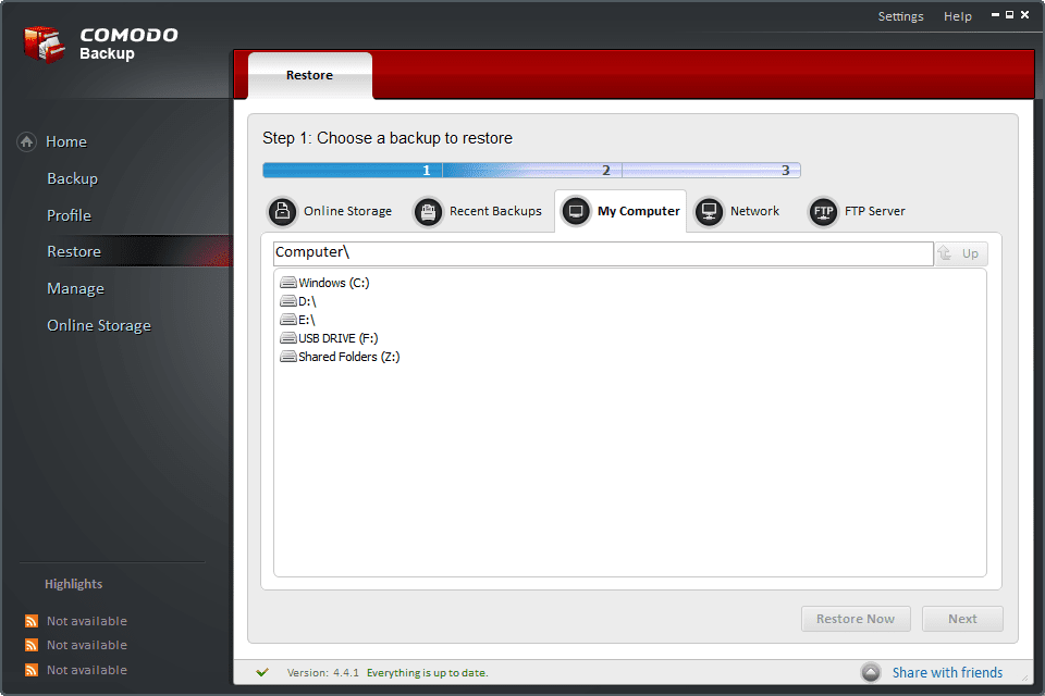 Screenshot z procházení Comodo Backup pro soubor CBU