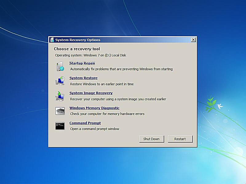 Snímek obrazovky s možnostmi obnovy při spuštění systému Windows 7