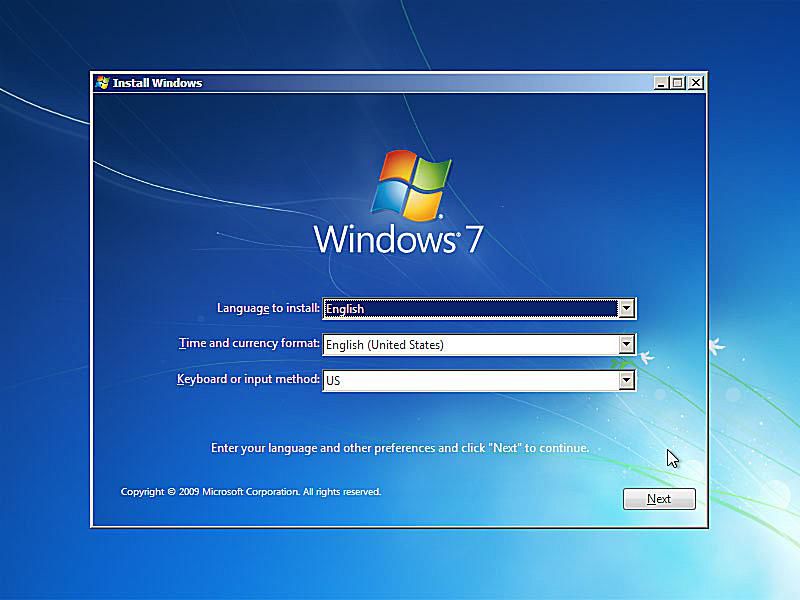 Snímek obrazovky instalace systému Windows 7