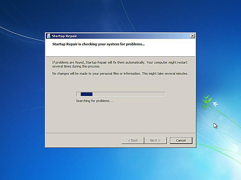 Snímek obrazovky opravy spuštění systému Windows 7 při hledání problémů