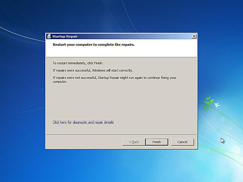 Snímek obrazovky s dokončením opravy spuštění systému Windows 7