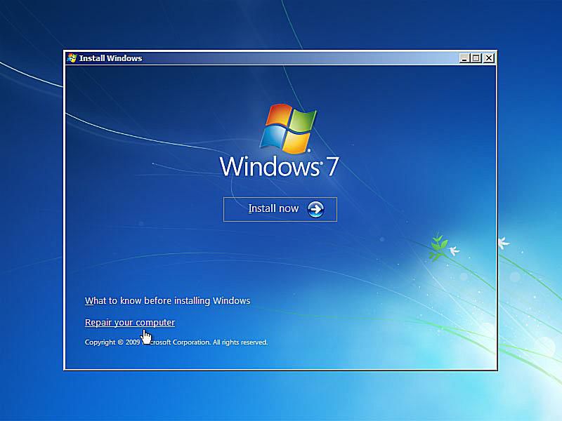Snímek obrazovky instalace systému Windows 7 opraví odkaz na váš počítač