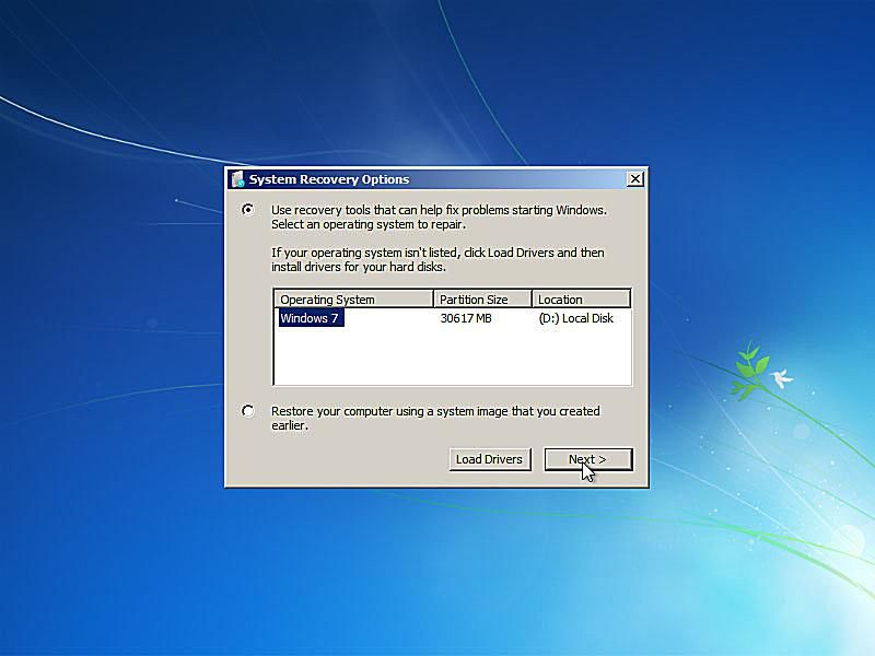 Snímek obrazovky opravy spuštění systému Windows 7 s žádostí o operační systém