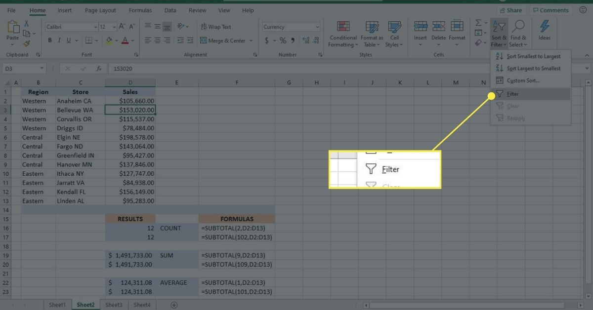 Filtrováním dat v listu aplikace Excel zobrazíte výsledek funkce SUBTOTAL