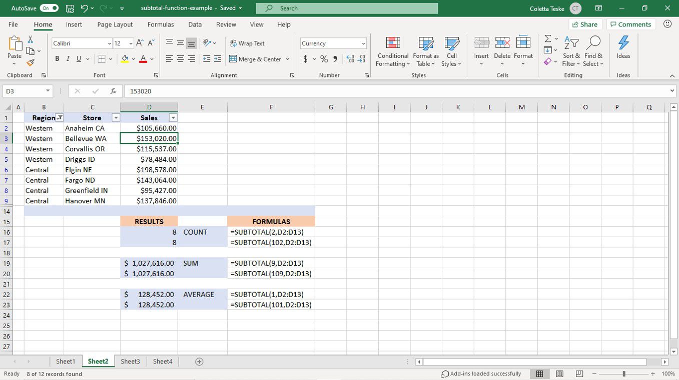 Výsledky funkce SUBTOTAL na filtrovaných datech v listu aplikace Excel
