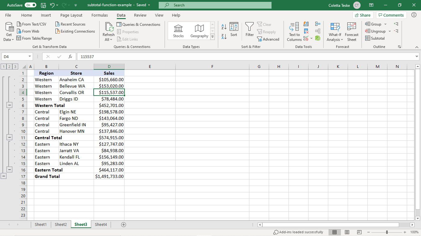 Mezisoučet a celkový součet vložené do seskupených dat v listu aplikace Excel