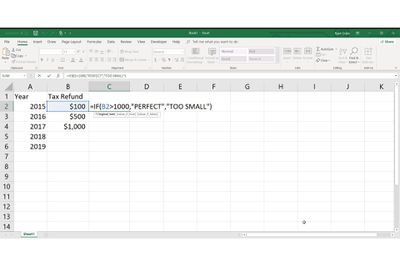 Příklad zadání funkce IF-THEN v aplikaci Excel 2016.