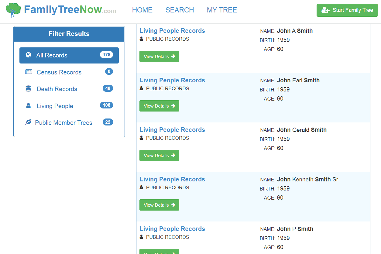 FamilyTreeNow.com výsledky vyhledávání a možnosti filtrování