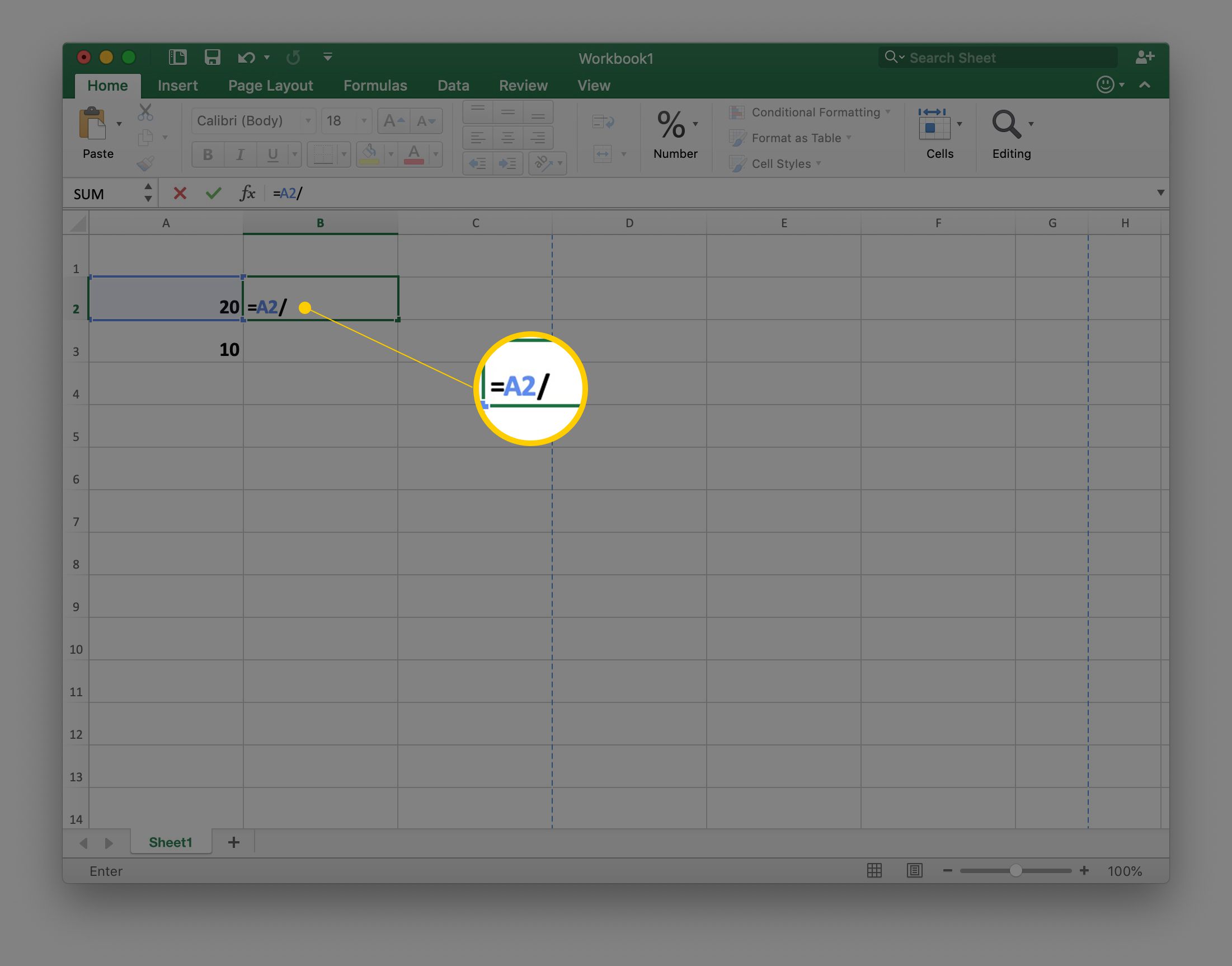 Odkaz na buňku A2 a lomítko v buňce B2 v tabulce aplikace Excel