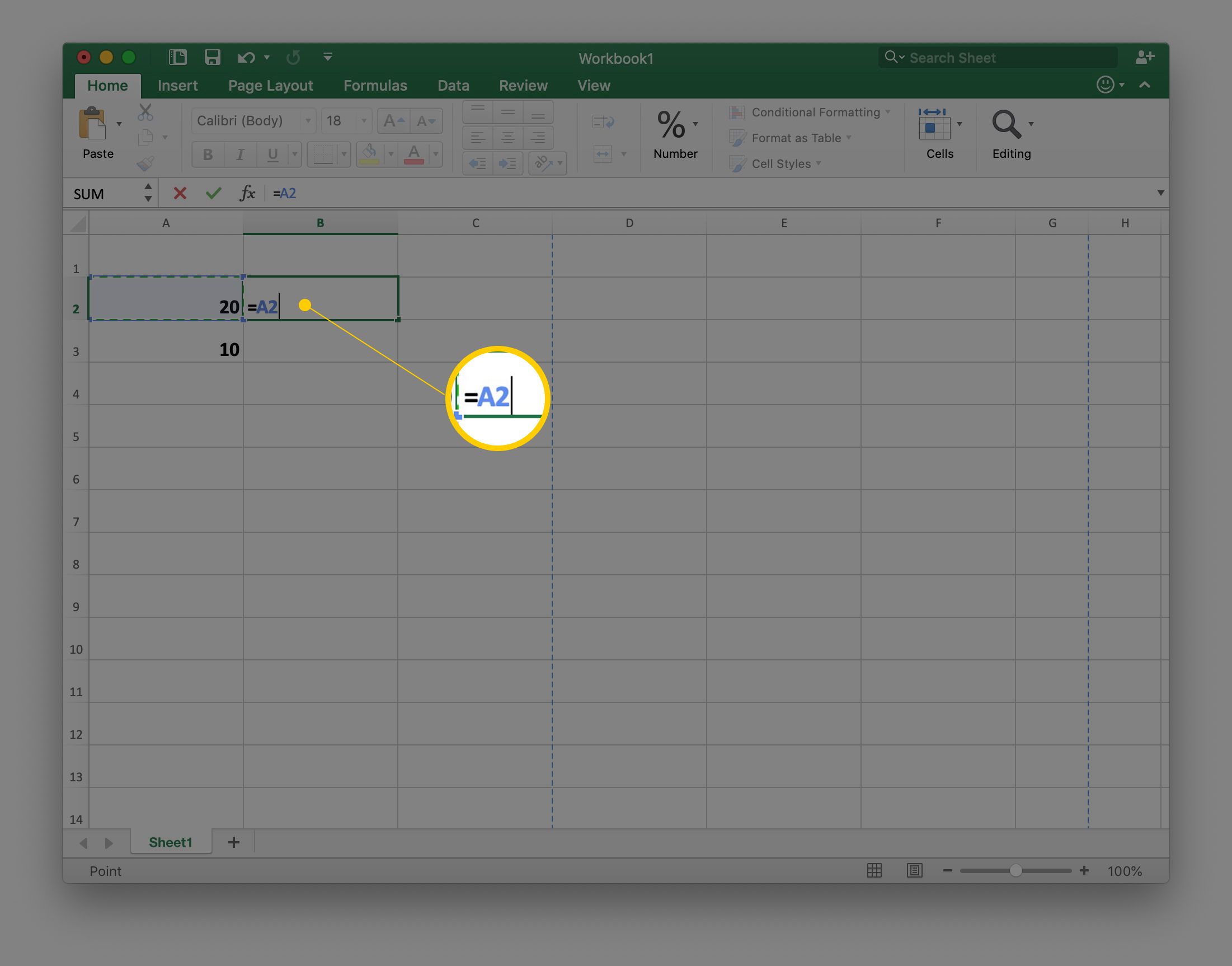 Odkaz na buňku A2 v buňce B2 v tabulce aplikace Excel