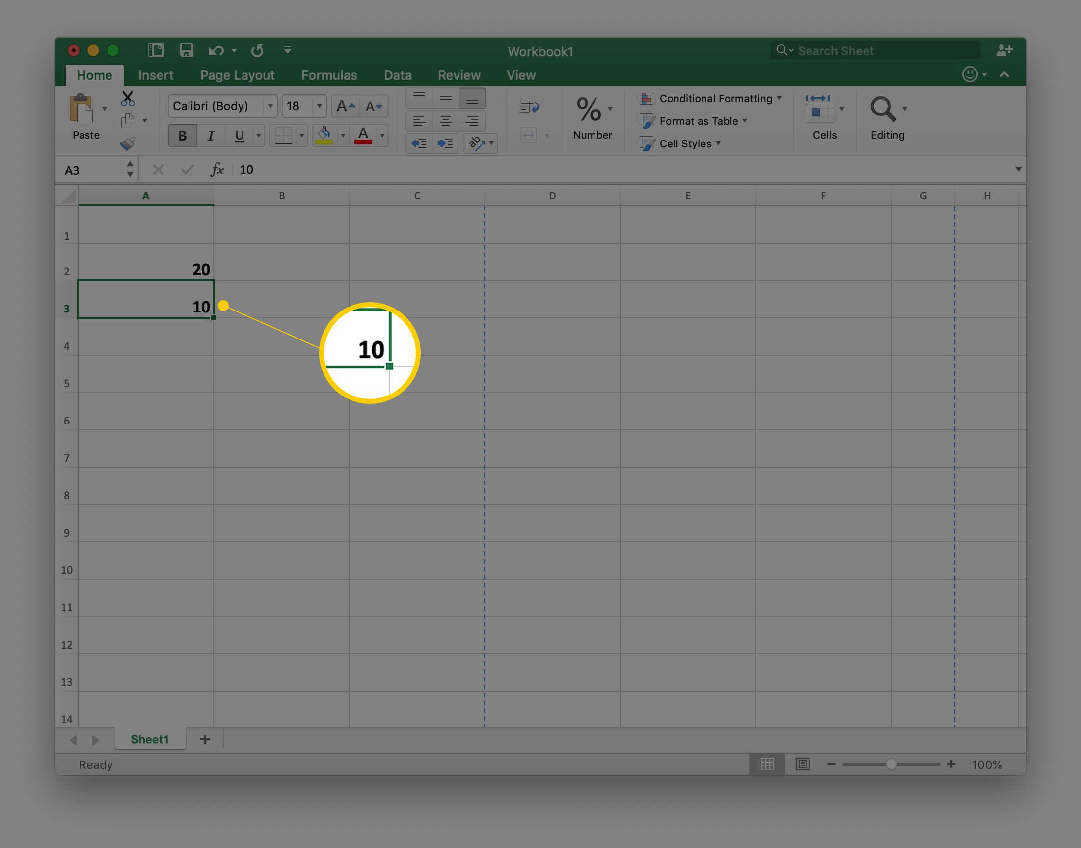 Číslo 10 v buňce A3 v tabulce aplikace Excel