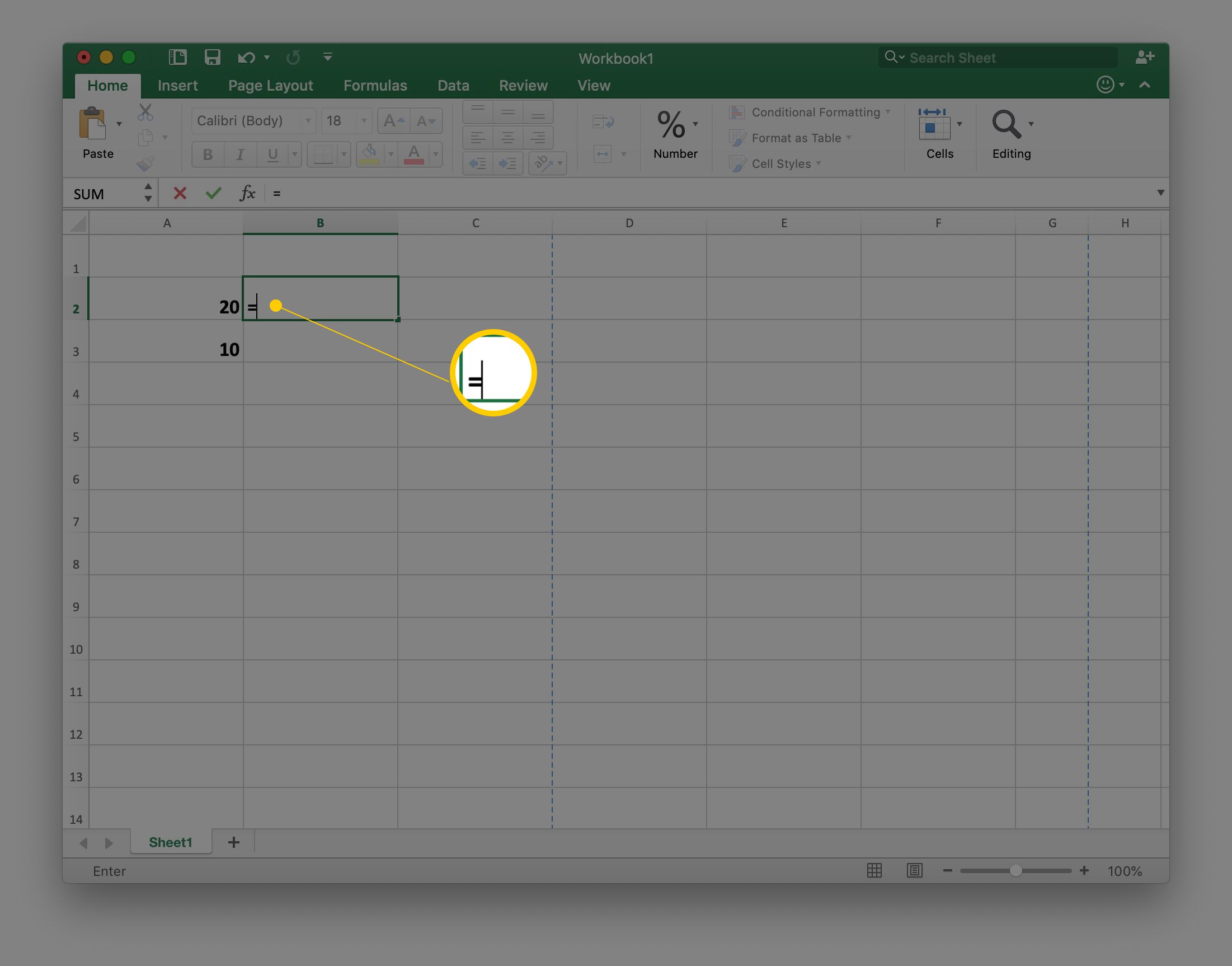 Znaménko rovná se v buňce B2 v tabulce Excelu