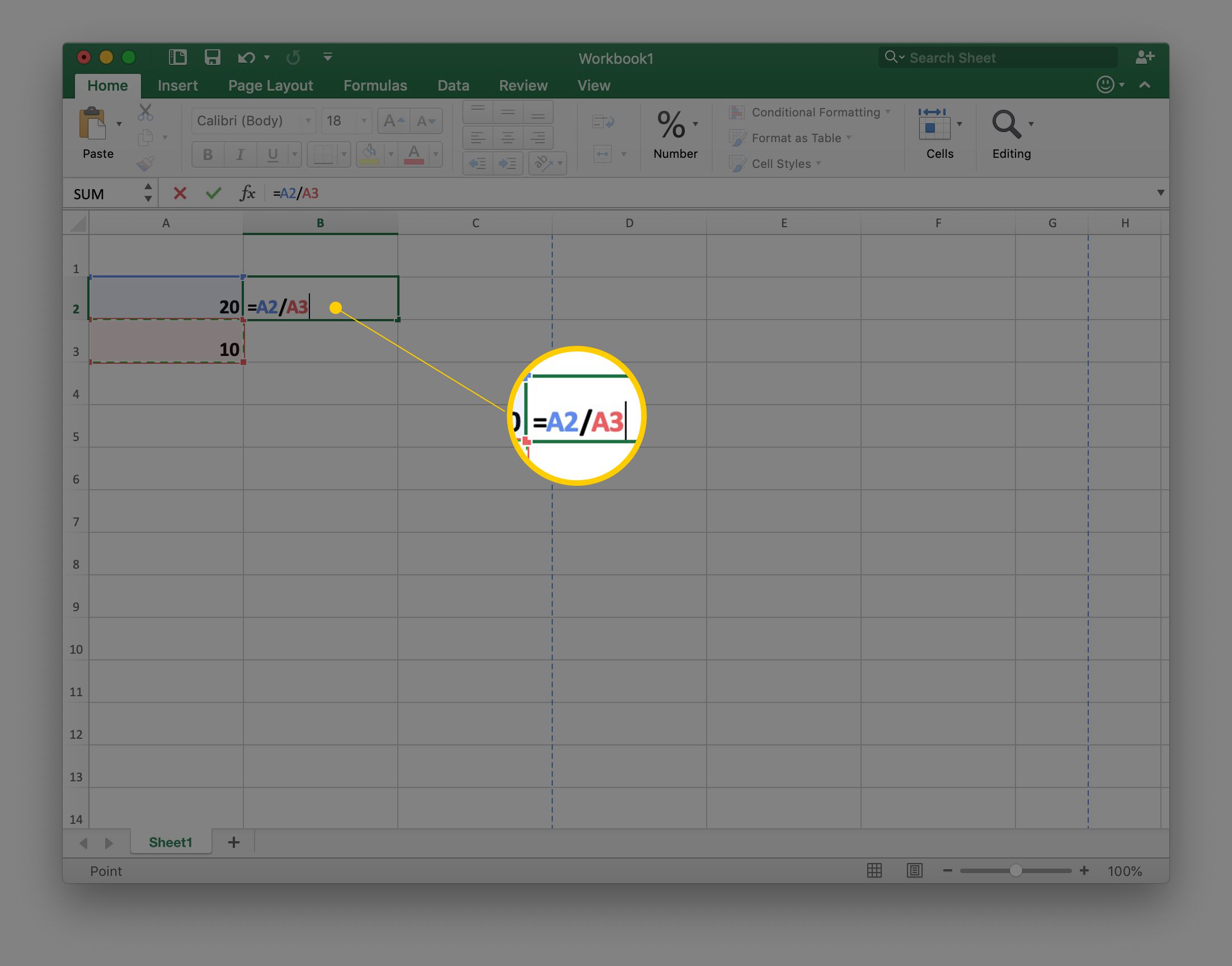 A2/A3 v buňce B2 v tabulce aplikace Excel