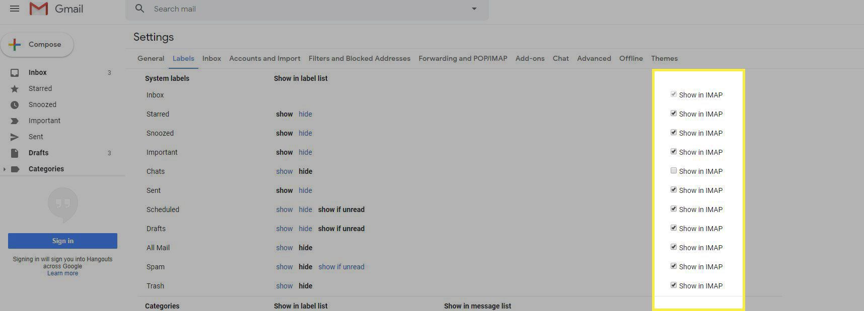 Snímek obrazovky v sekci Štítky v nastavení Gmailu se zvýrazněnou možností Zobrazit v IMAP