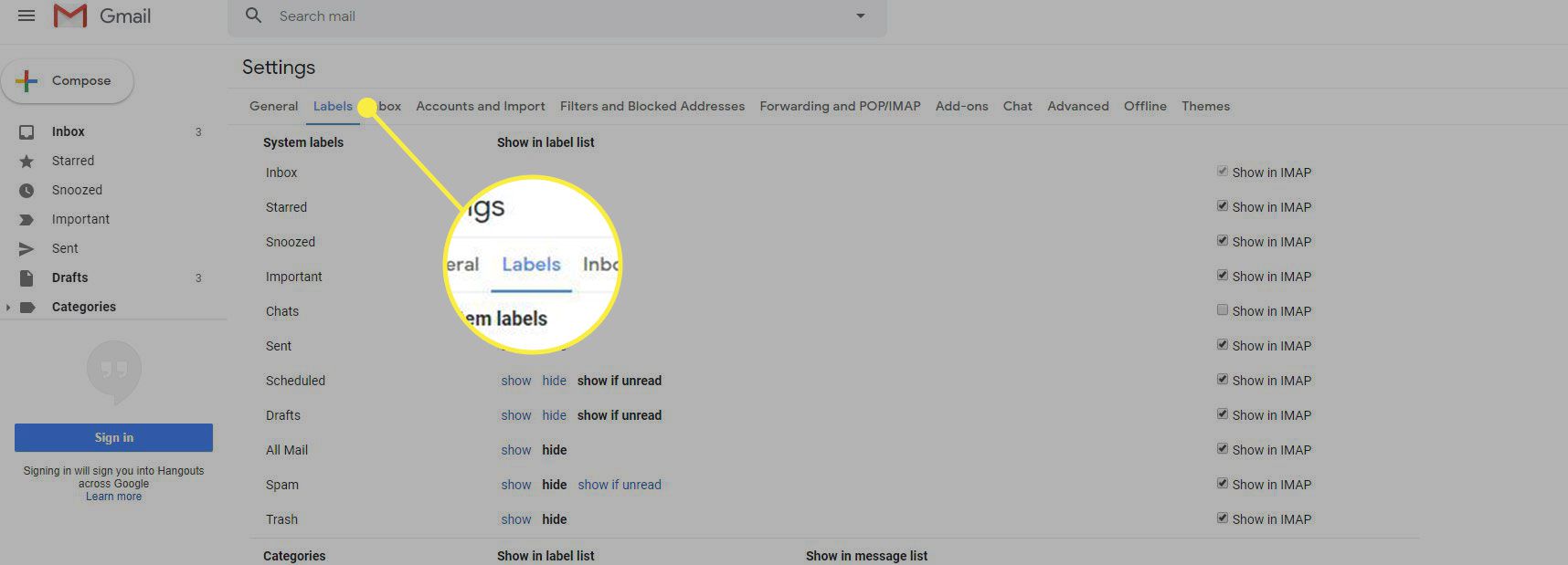 Snímek obrazovky nastavení Gmailu se zvýrazněným nadpisem Štítky