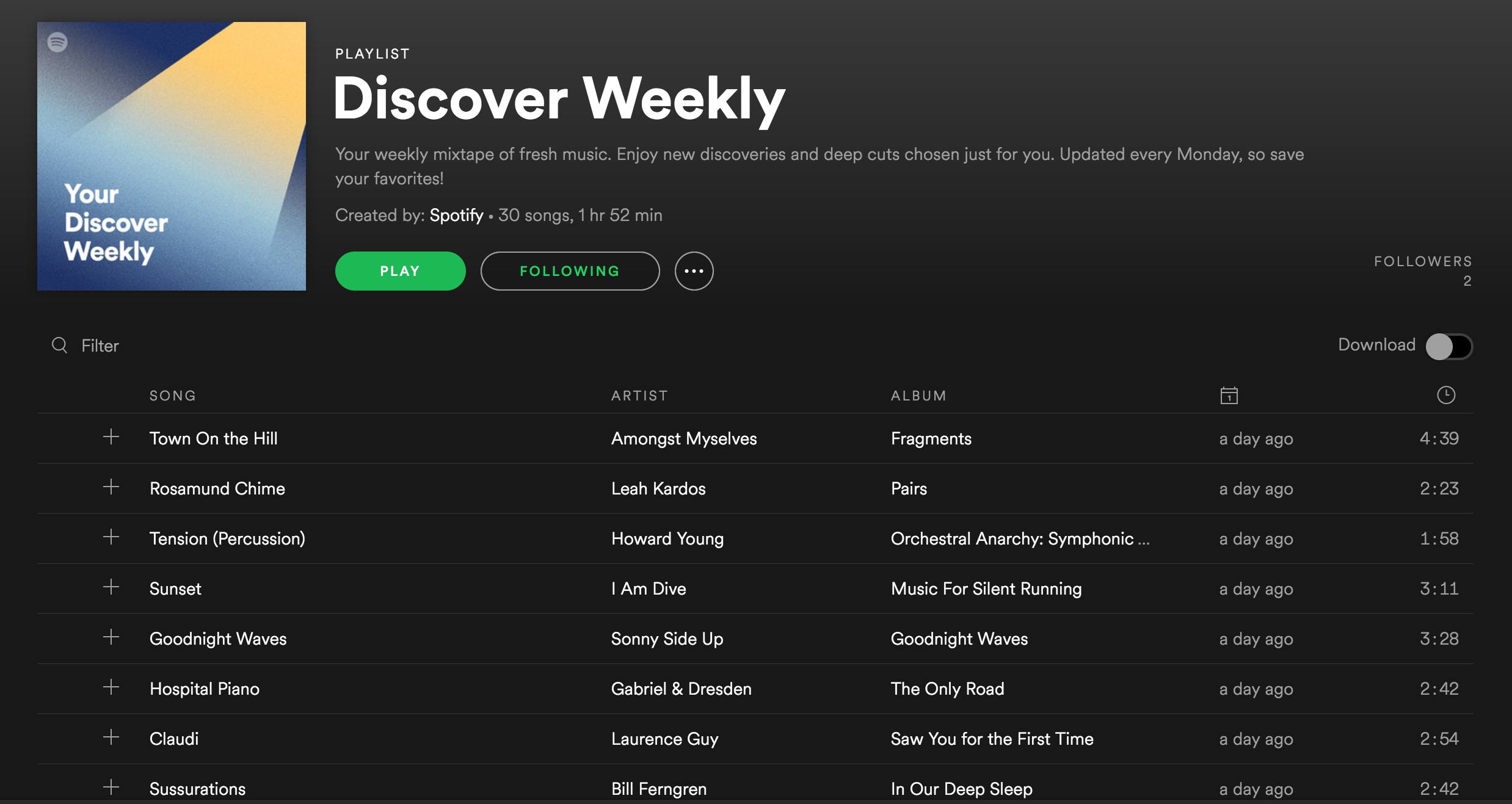 Snímek obrazovky z playlistu Discover Weekly v desktopové aplikaci Spotify.
