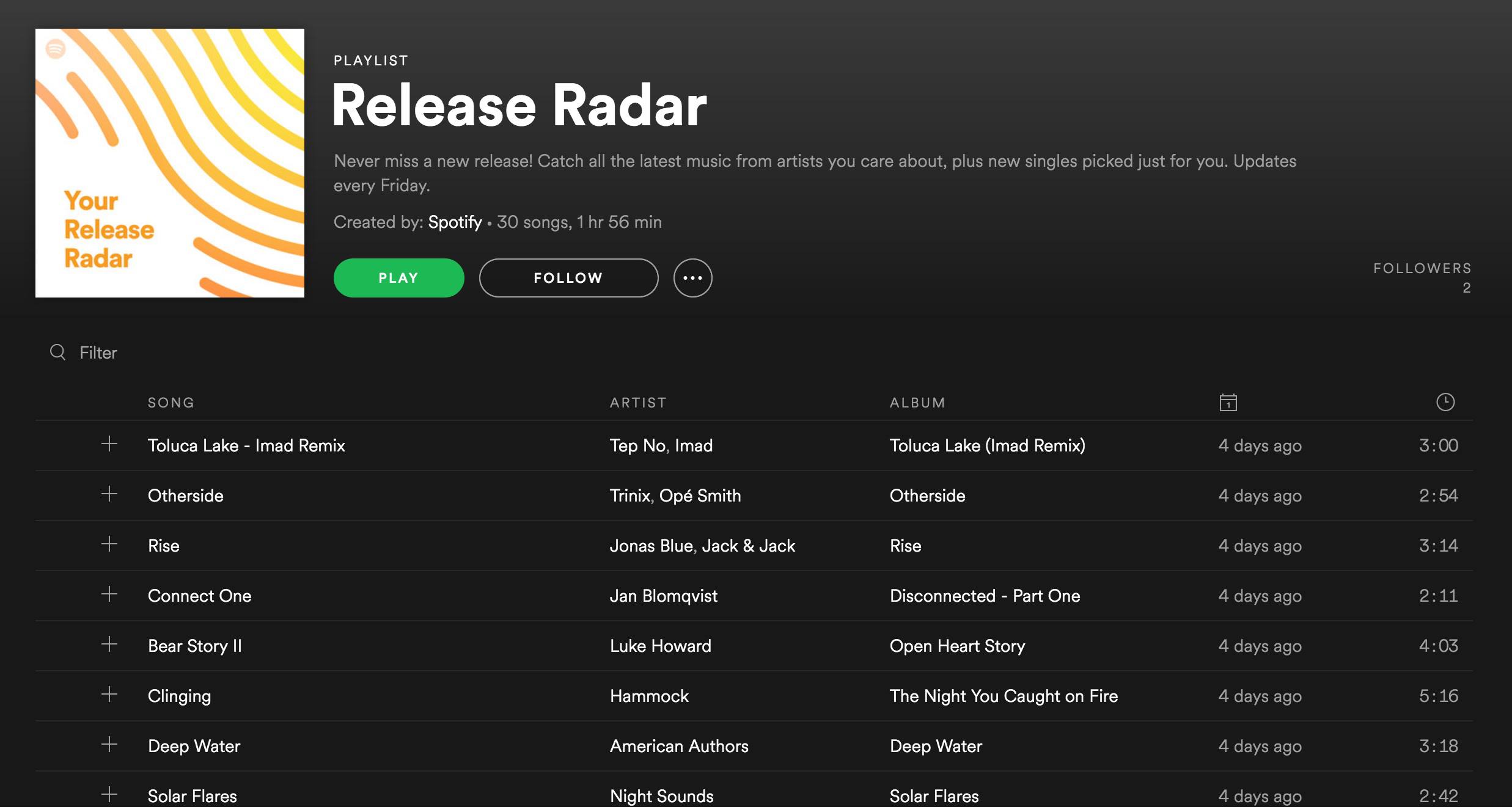 Snímek obrazovky seznamu skladeb Release Radar v desktopové aplikaci Spotify.