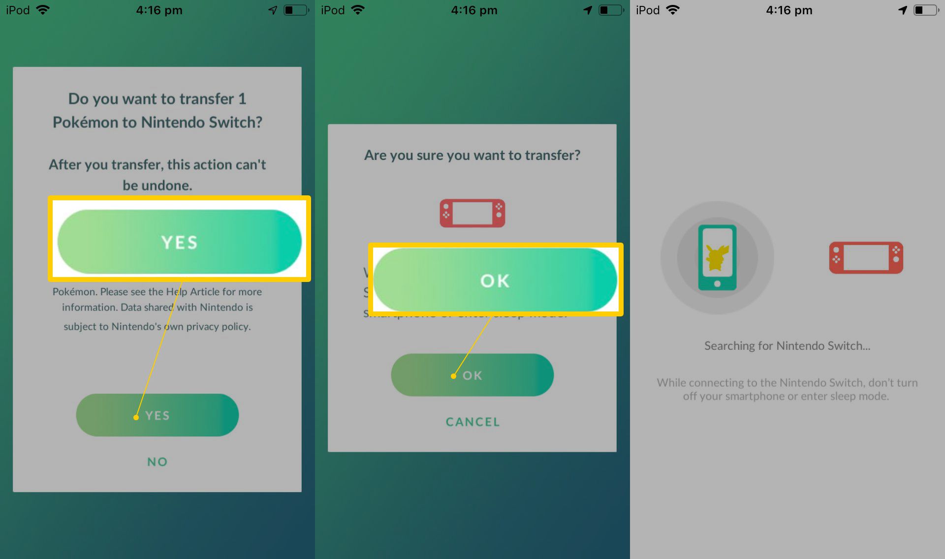 Tlačítka Ano a OK v aplikaci Pokemon Go v systému iOS