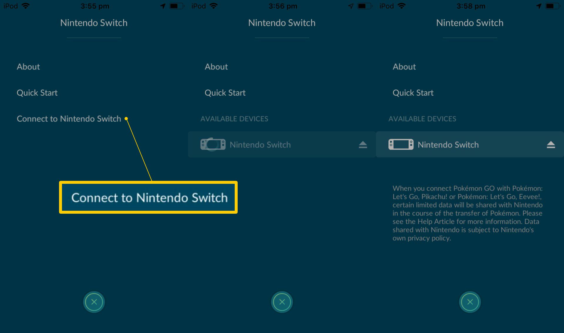 Připojte se k tlačítku Nintendo Switch v aplikaci iOS Pokemon Go