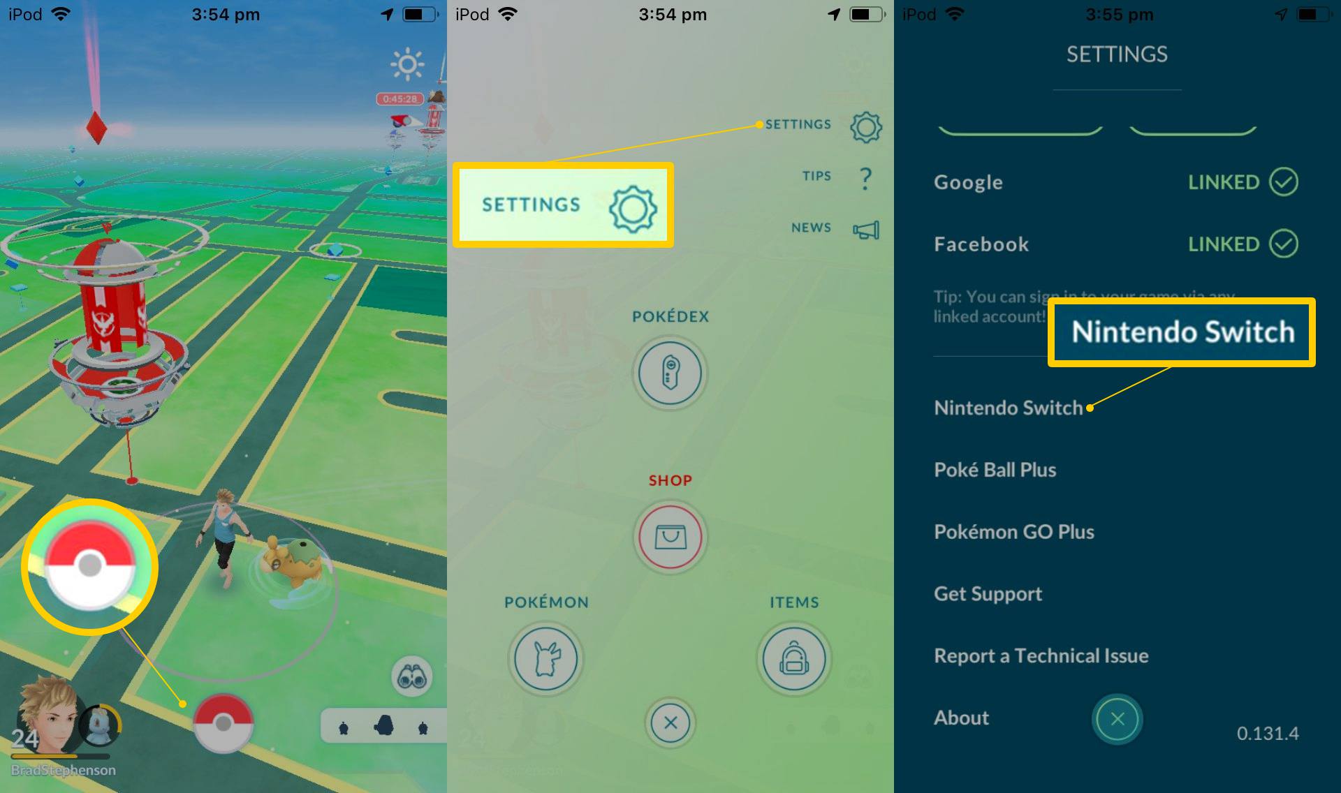 Ikona Pokeball, ikona Nastavení, tlačítko Nintendo Switch v aplikaci iOS Pokemon Go
