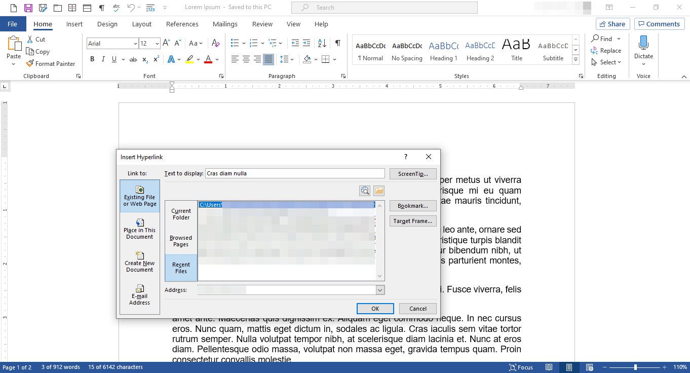 Zobrazí se dialogové okno MS Word s Vložit hypertextový odkaz