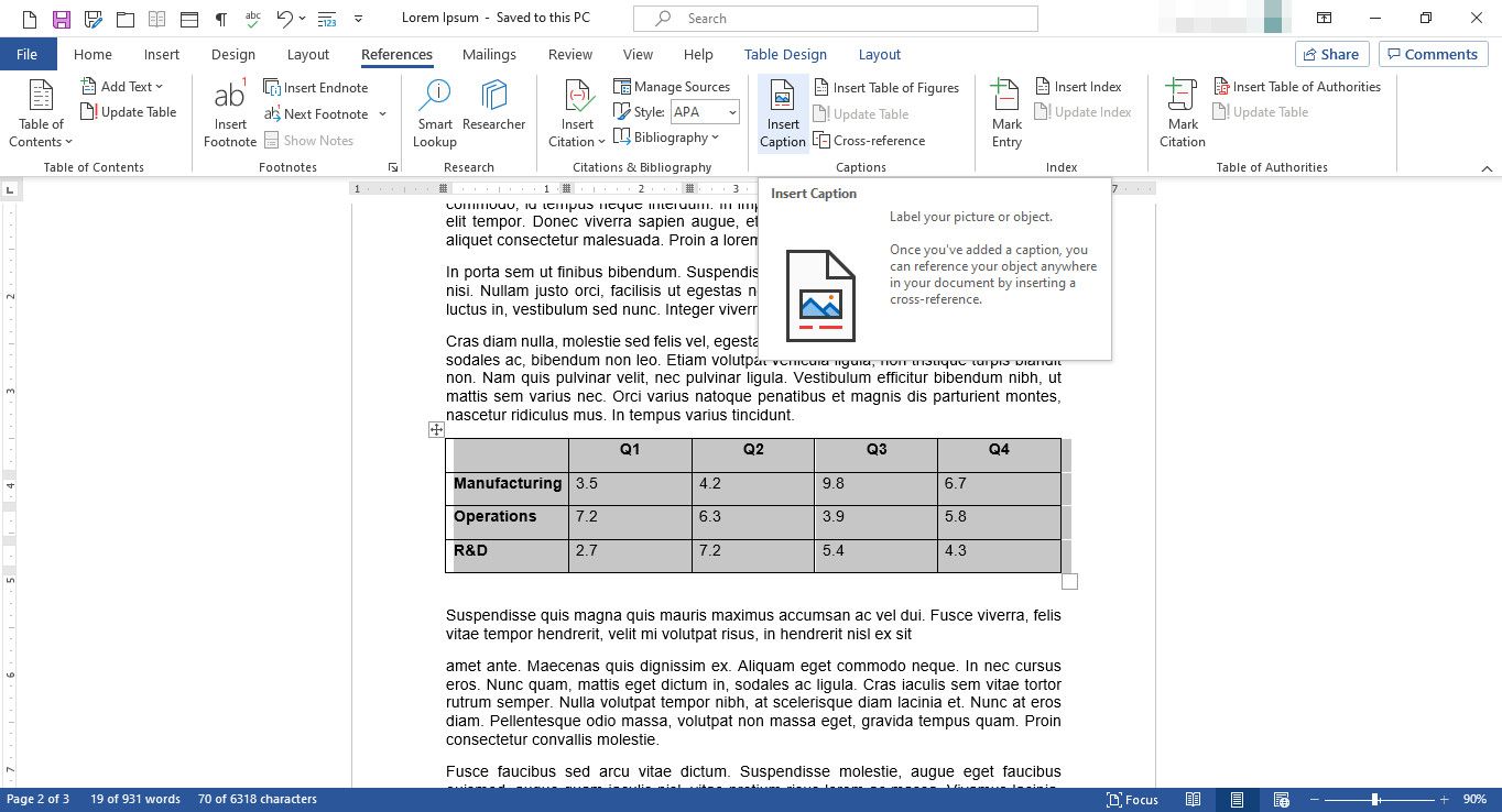 Dokument MS Word s vybranou funkcí Vložit popisek