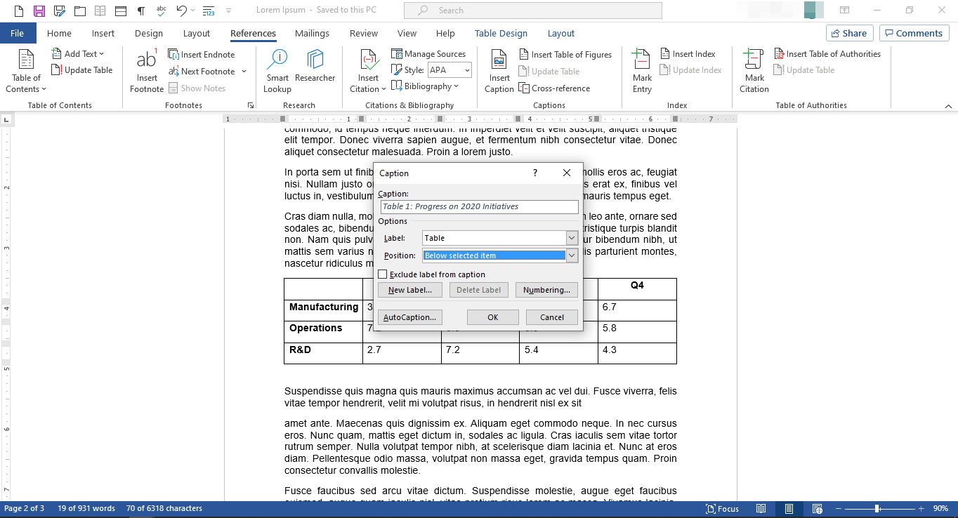 Dokument MS Word se zobrazeným dialogovým oknem Titulek