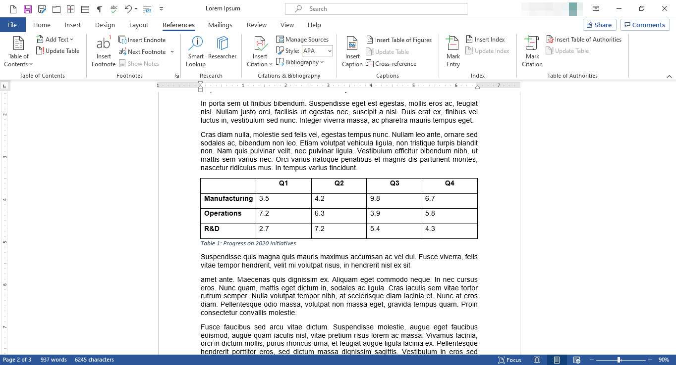 Dokument MS Word s tabulkou a doprovodným popiskem