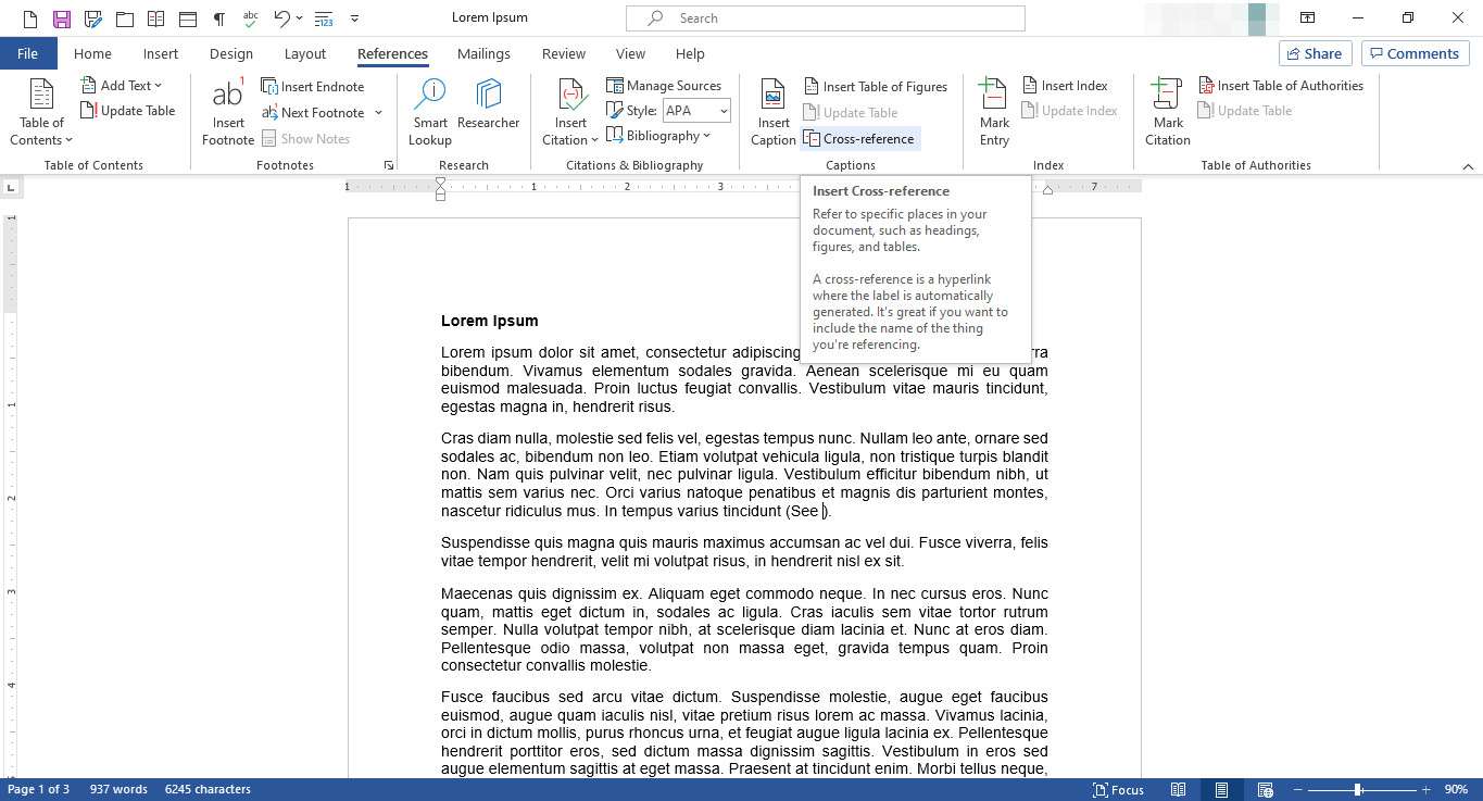 Je vybrán dokument MS Word s funkcí křížového odkazu
