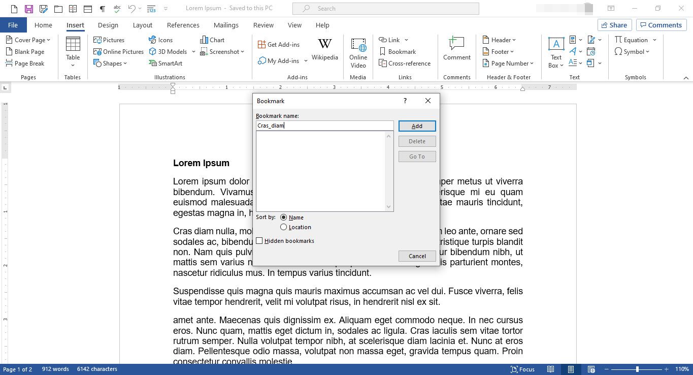 Dokument MS Word se zobrazeným dialogovým oknem Záložka