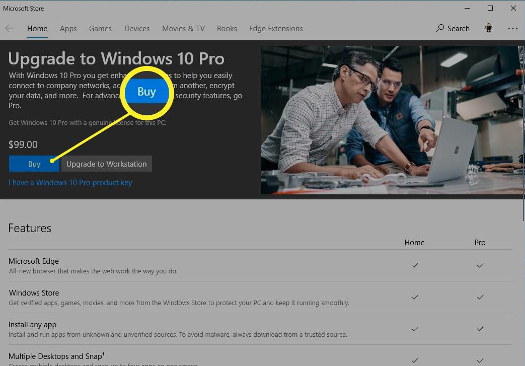 Tlačítko Koupit Windows 10 Pro