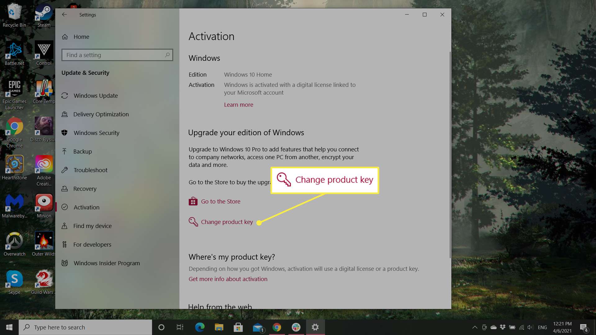 Nastavení aktivace systému Windows 10 se zvýrazněnou možností „Změnit produktový klíč“