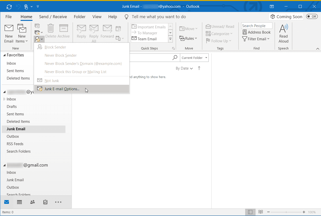 Snímek obrazovky s možnostmi nevyžádané pošty v aplikaci Outlook