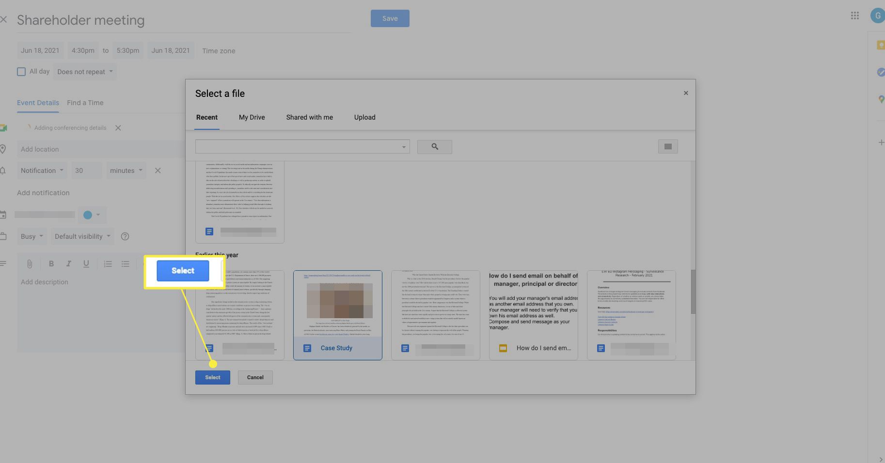 Záznam v Kalendáři Google s otevřeným Diskem a zvýrazněným Vybrat