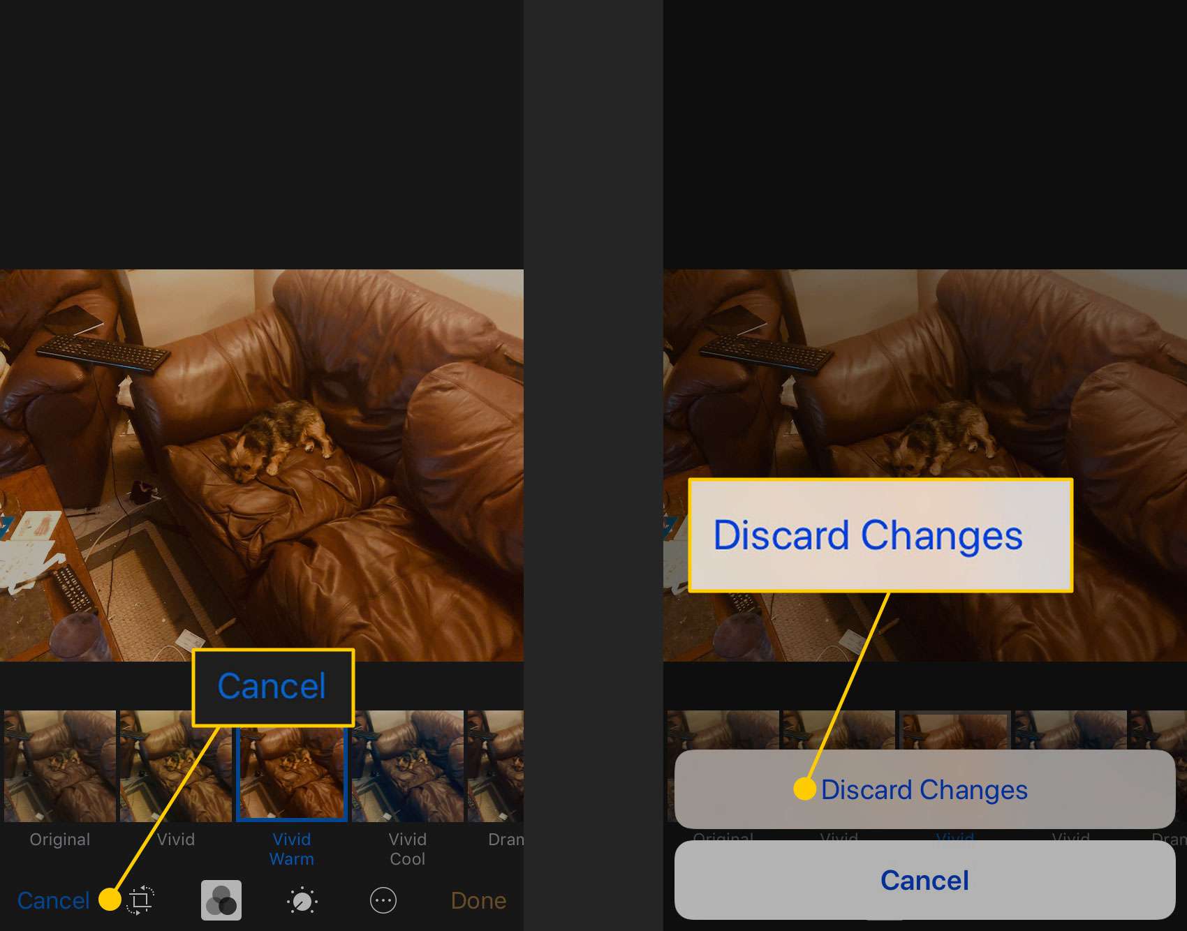 Zrušení změn při přidání filtru k fotografii na iPhone