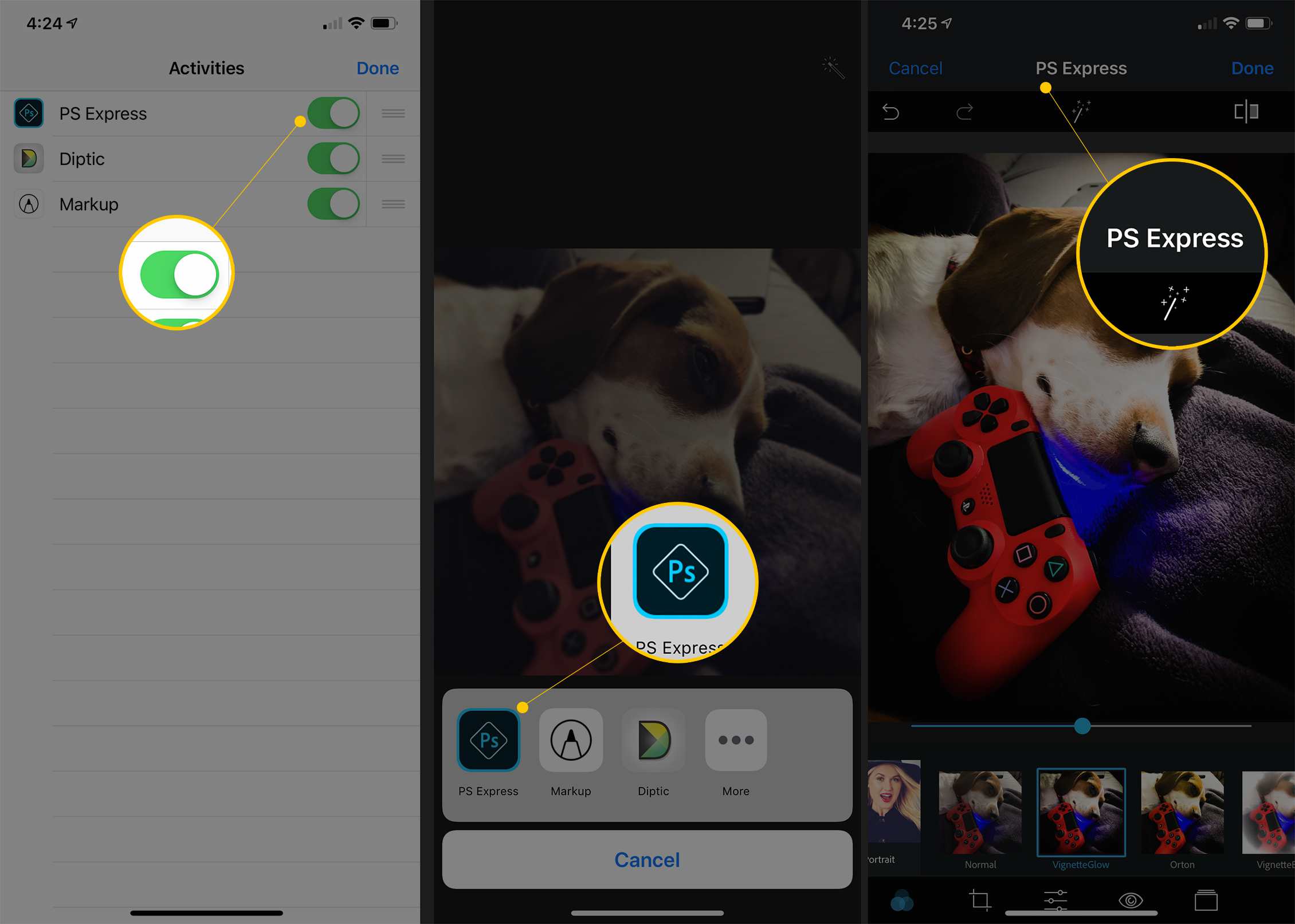 Tři obrazovky iOS zobrazující PS Express přepnuté na ON, PS Express v Další možnosti fotografií a stránku úprav PS Express