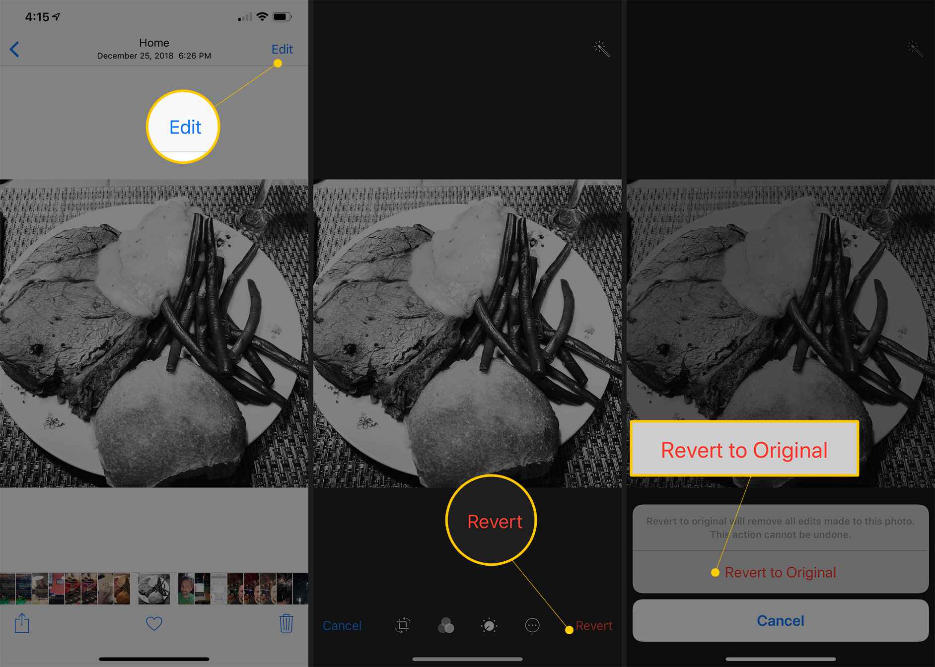 Tři obrazovky aplikace iOS Camera zobrazující tlačítka Upravit, Vrátit a Vrátit na původní
