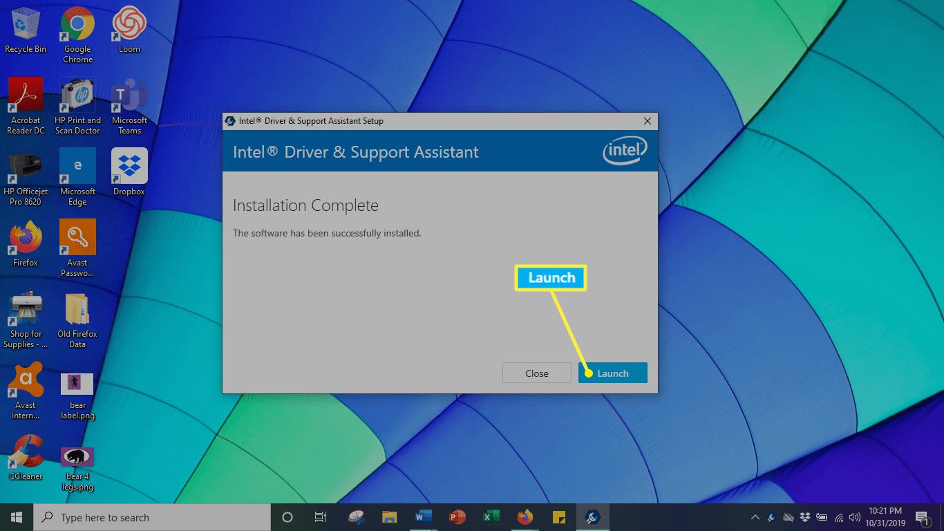 Obrazovka instalace ovladače Intel se zvýrazněným Spuštěním
