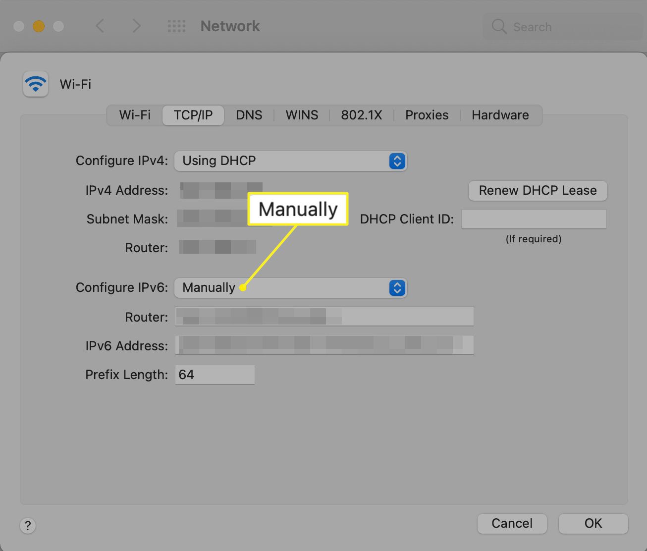 Ruční výběr konfigurace v předvolbách sítě Mac