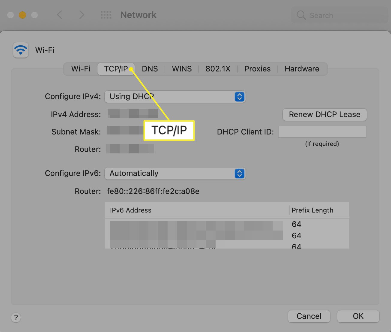 Karta TCP/IP v předvolbách sítě Mac