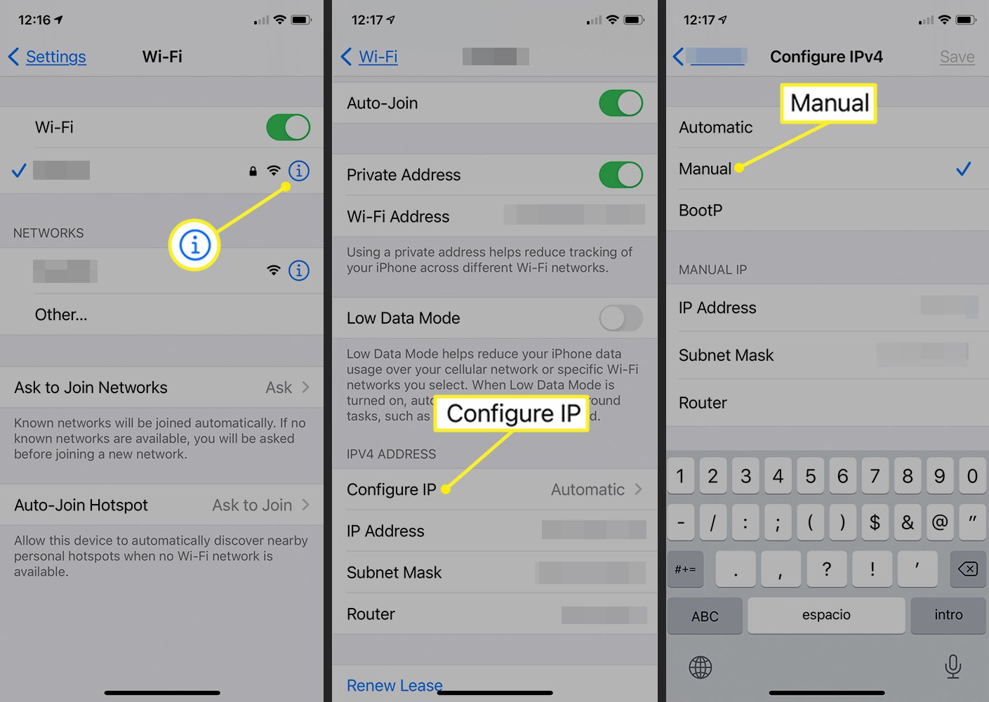 Obrazovky iOS zobrazující tlačítko Konfigurovat IP a Ruční nastavení